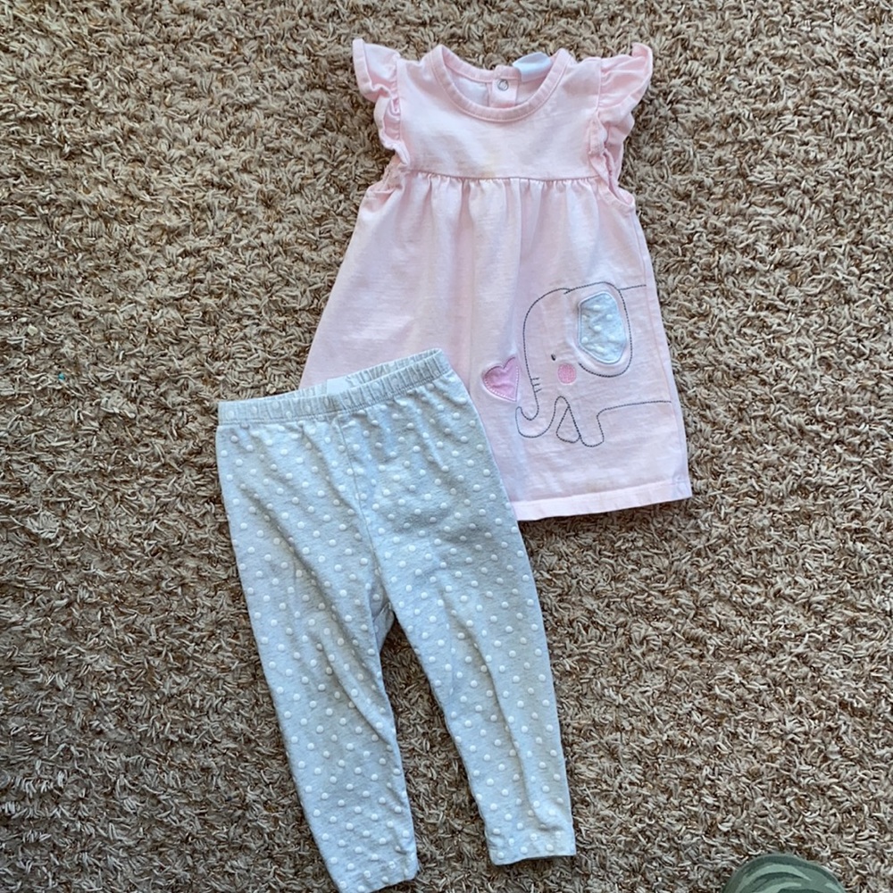 12M 2 piece sleeveless pink top with gray and white polka dot leggings